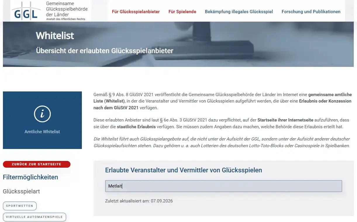 GGL-Whitelist mit Suchprüfung nach Lucky Vibe und Metlait