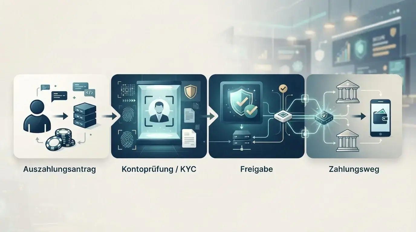 Illustration des Auszahlungsprozesses von Antrag über Prüfung und KYC bis zum Zahlungsweg