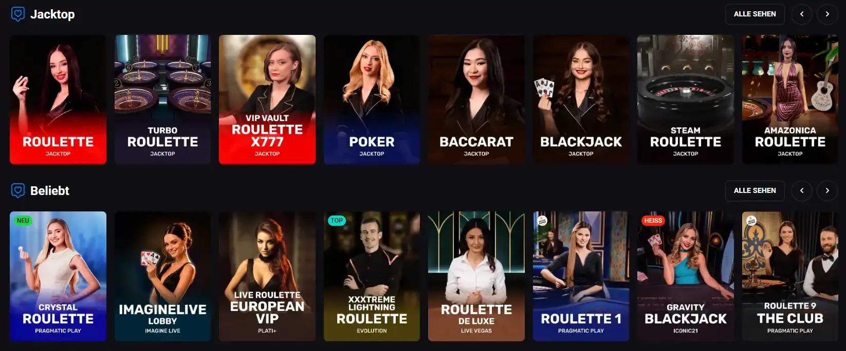 Lucky-Vibe-Live-Casino-Lobby mit Dealer-Spielen