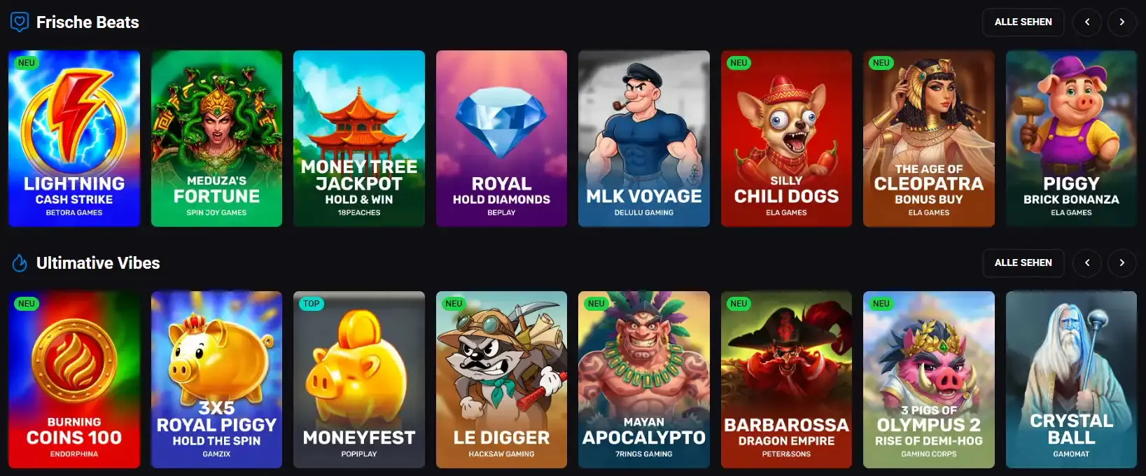 Lucky-Vibe-Spielelobby mit sichtbaren Spielkategorien und Anbietern